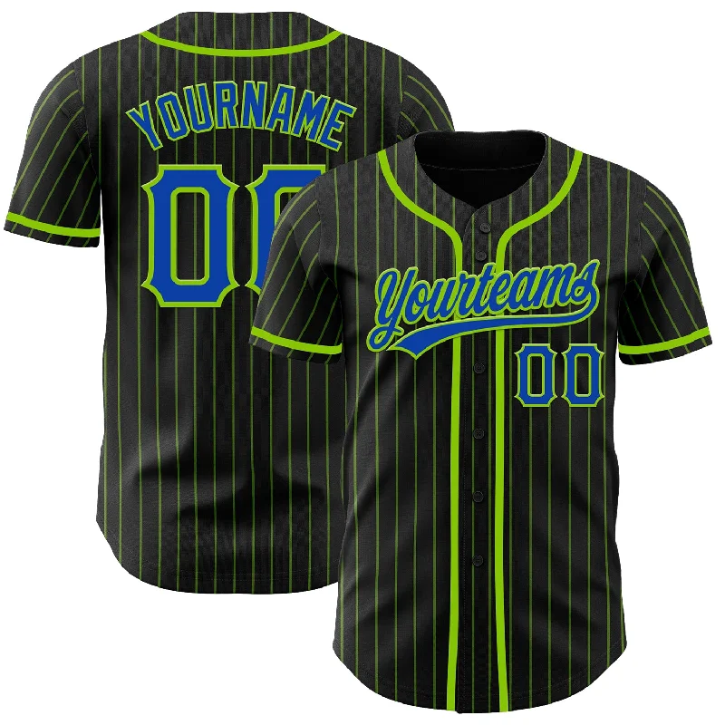 Baseball Jerseys For Fun & Leisure Activities-Custom Black Neon Green Pinstripe Thunder Blue Authentic Baseball Jersey