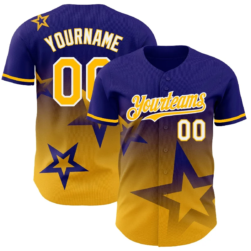 Personalized Baseball Jerseys For Player Participation-Custom Dark Purple Gold-White 3D Pattern Design Gradient Style Twinkle Star Authentic Baseball Jersey