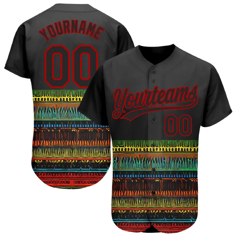 Custom Baseball Jerseys For Summer Leagues-Custom Black Red 3D Pattern Design Traditional African Ethnic Style Authentic Baseball Jersey