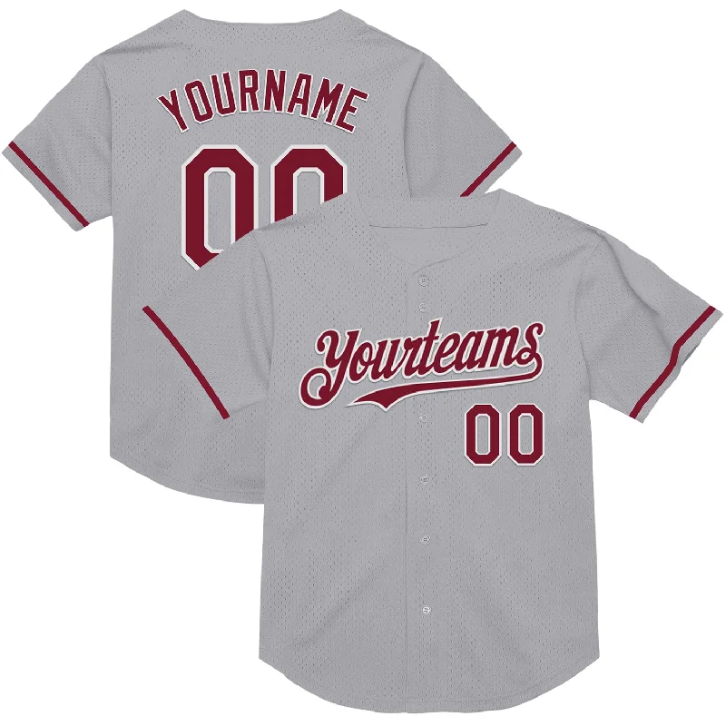 Custom Baseball Jerseys For Youth Teams-Custom Gray Crimson-White Mesh Authentic Throwback Baseball Jersey