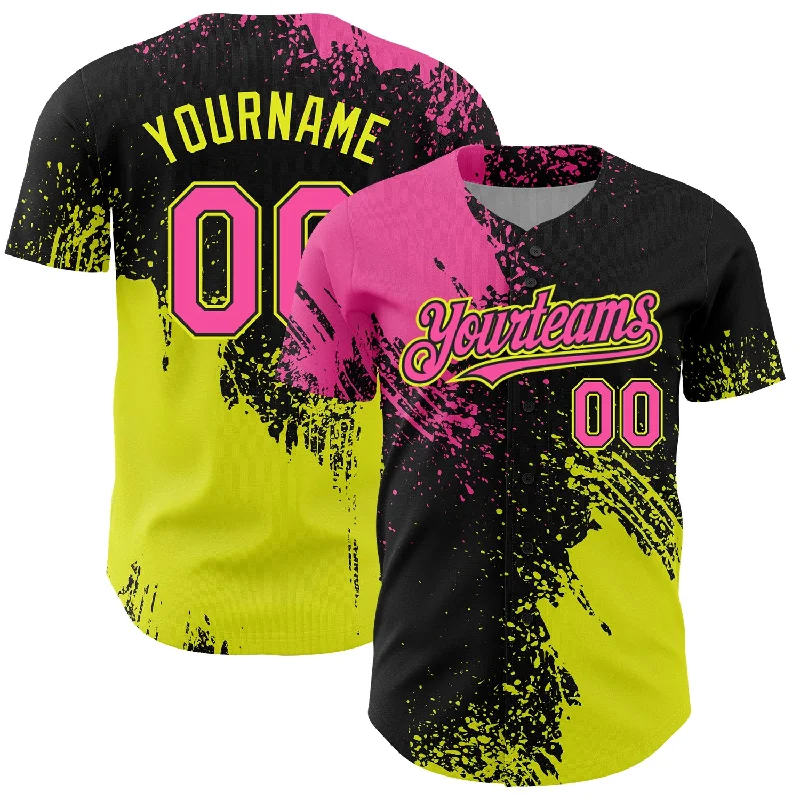 Baseball Jerseys For Special Event Promotions-Custom Pink Black-Neon Yellow 3D Pattern Design Abstract Brush Stroke Authentic Baseball Jersey