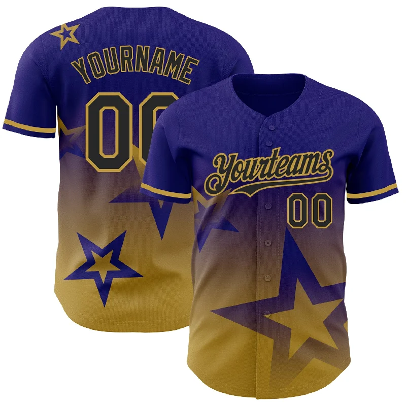 Custom Baseball Jerseys For Official League Apparel-Custom Dark Purple Black-Old Gold 3D Pattern Design Gradient Style Twinkle Star Authentic Baseball Jersey