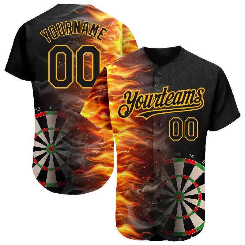 Personalized Baseball Jerseys For Regional Competitions-Custom Black Gold 3D Pattern Design Fiery Dart Board Authentic Baseball Jersey