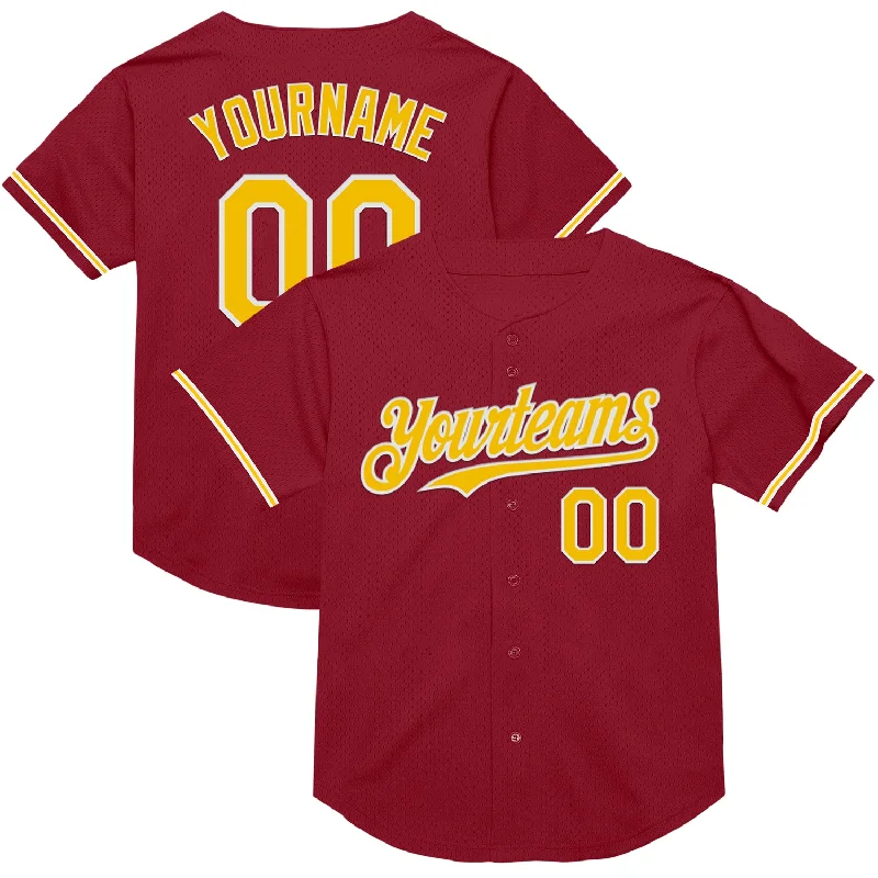 Personalized Baseball Jerseys For Fans & Players-Custom Maroon Yellow-White Mesh Authentic Throwback Baseball Jersey