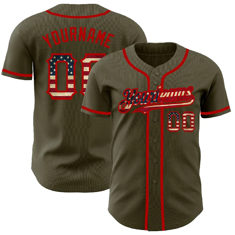 Personalized Baseball Jerseys For Event Recognition-Custom Olive Vintage USA Flag-Red Authentic Salute To Service Baseball Jersey