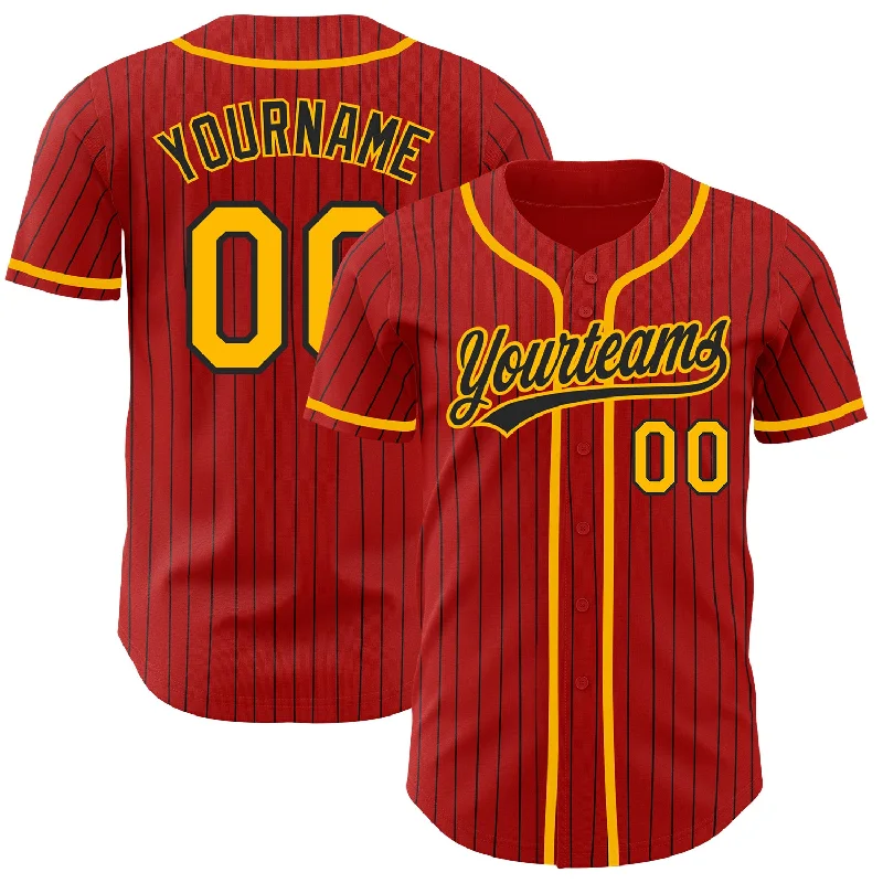 Customizable Baseball Jerseys-Custom Red Black Pinstripe Gold Authentic Baseball Jersey