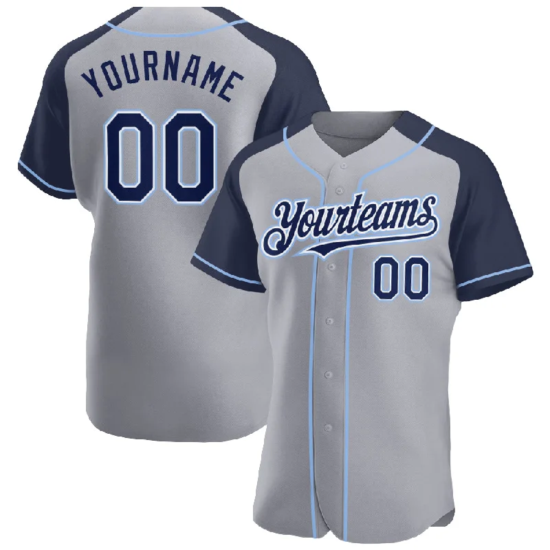 Personalized Baseball Jerseys For Custom Designs-Custom Gray Navy-Light Blue Authentic Raglan Sleeves Baseball Jersey