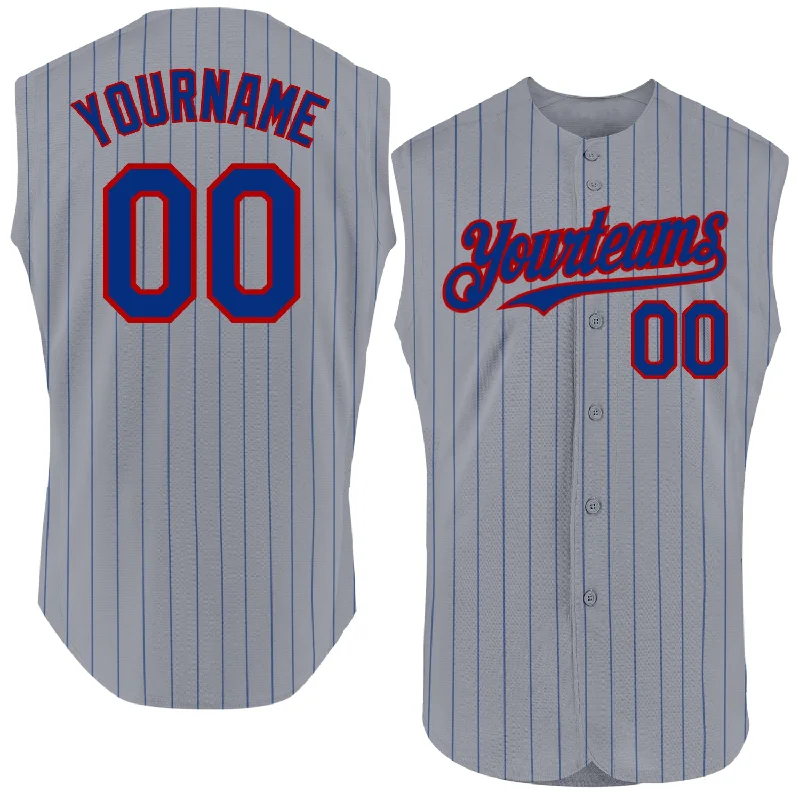 Custom Baseball Jerseys For Limited-Time Offers-Custom Gray Royal Pinstripe Red Authentic Sleeveless Baseball Jersey