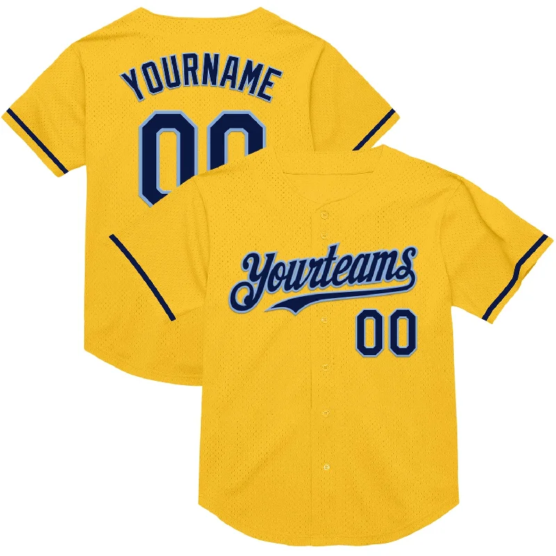 Baseball Jerseys For Youth & Junior Leagues-Custom Gold Navy-Light Blue Mesh Authentic Throwback Baseball Jersey