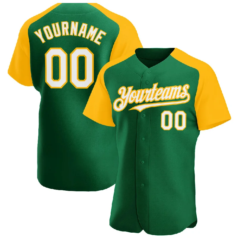 Custom Baseball Jerseys For Player Recognition-Custom Kelly Green White-Gold Authentic Raglan Sleeves Baseball Jersey