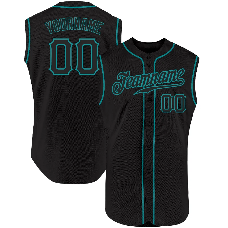 Baseball Jerseys For Team Anniversaries-Custom Black Black-Teal Authentic Sleeveless Baseball Jersey