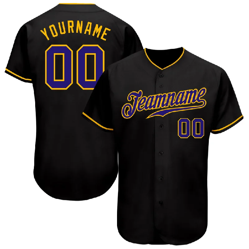 Custom Baseball Jerseys With Graphics & Emblems-Custom Black Dark Purple-Gold Authentic Baseball Jersey