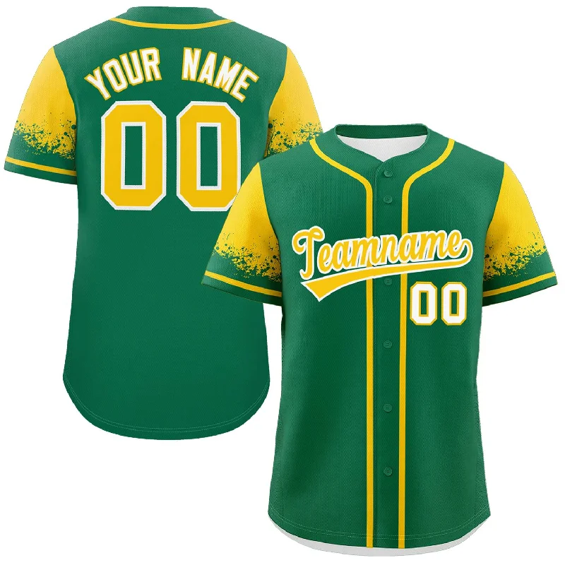 Baseball Jerseys For Youth & Junior Leagues-Custom Kelly Green Gold Personalized Raglan Sleeves Design Authentic Baseball Jersey