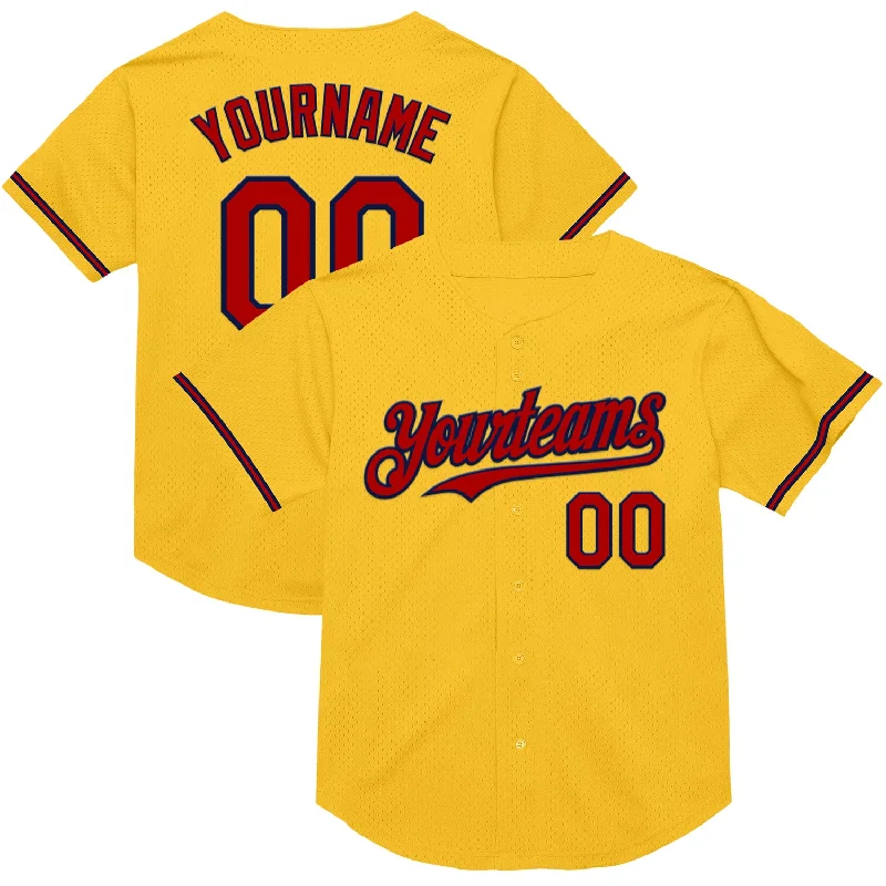 Custom Baseball Jerseys For High School Teams-Custom Gold Red-Navy Mesh Authentic Throwback Baseball Jersey