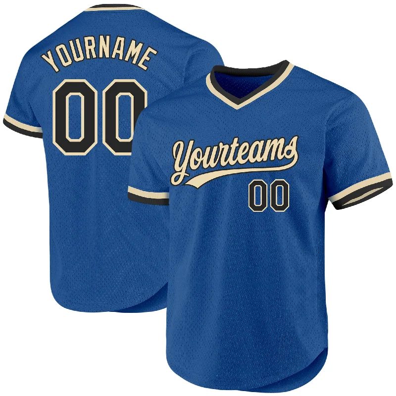 Custom Baseball Jerseys With Custom Sleeve Text-Custom Blue Black-Cream Authentic Throwback Baseball Jersey