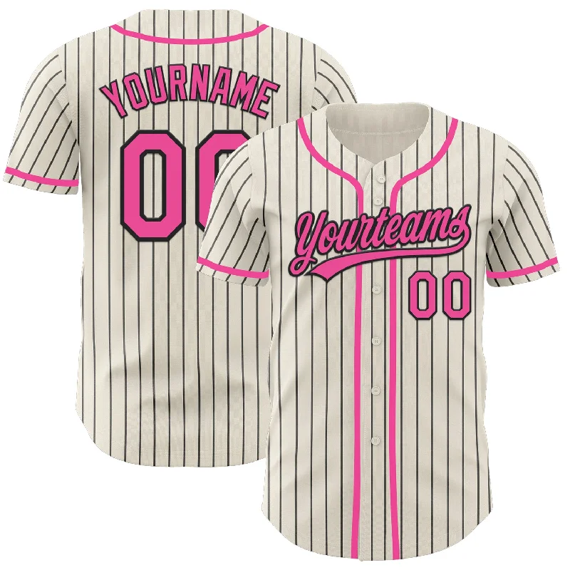 Personalized Baseball Jerseys For Special Anniversaries-Custom Cream Black Pinstripe Pink Authentic Baseball Jersey