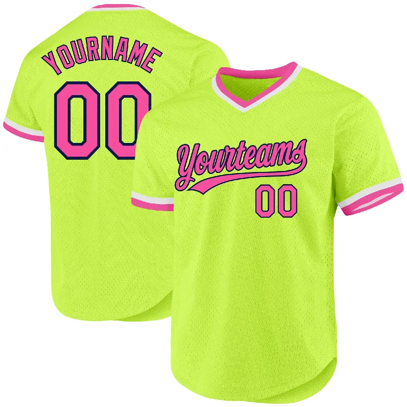 Personalized Baseball Jerseys For College Teams-Custom Neon Green Pink-Navy Authentic Throwback Baseball Jersey