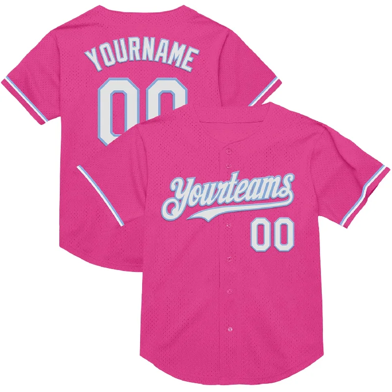 Baseball Jerseys With Player Numbers & Logos-Custom Pink White-Light Blue Mesh Authentic Throwback Baseball Jersey