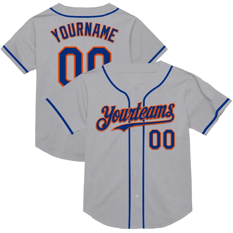 Personalized Baseball Jerseys For Tournament Winners-Custom Gray Royal-Orange Mesh Authentic Throwback Baseball Jersey