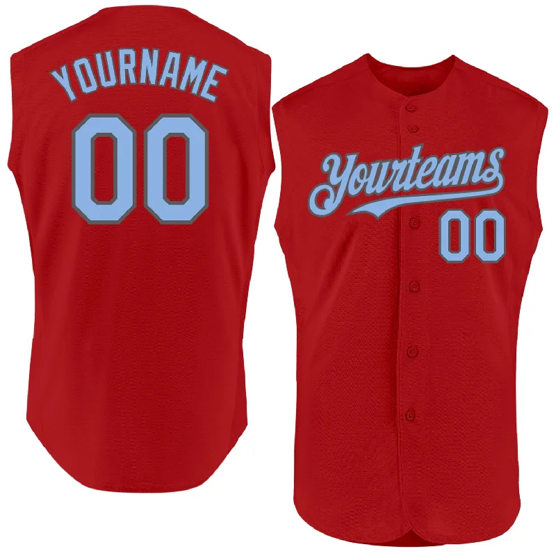 Custom Baseball Jerseys-Custom Red Light Blue-Steel Gray Authentic Sleeveless Baseball Jersey