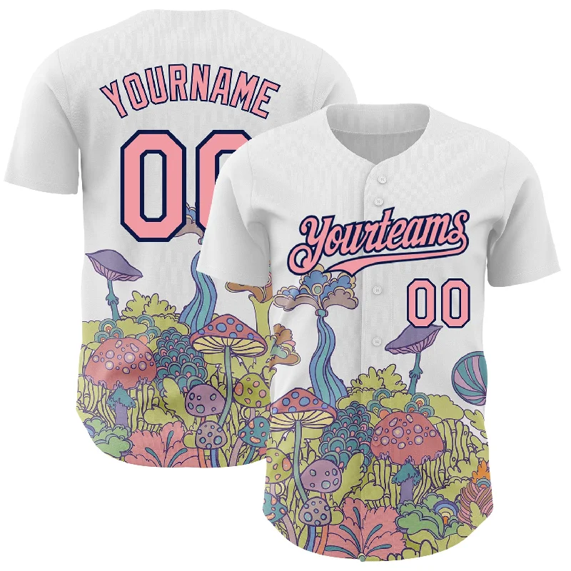 Baseball Jerseys For Fundraising Campaigns-Custom White Medium Pink-Navy 3D Pattern Design Colorful Flowers And Mushrooms Psychedelic Hallucination Authentic Baseball Jersey