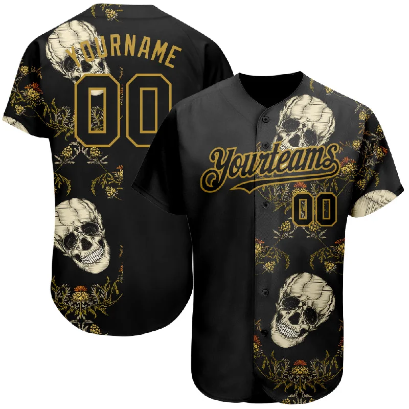 Custom Baseball Jerseys For Charity Tournaments-Custom Black Old Gold 3D Plant And Skull Fashion Authentic Baseball Jersey