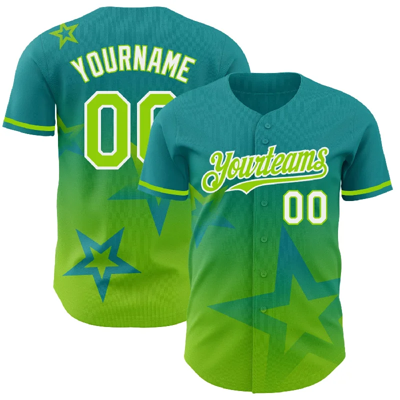 Personalized Baseball Jerseys For Tournament Events-Custom Teal Neon Green-White 3D Pattern Design Gradient Style Twinkle Star Authentic Baseball Jersey