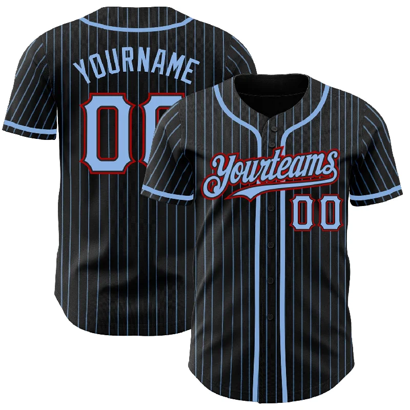 Baseball Jerseys With Custom Patch Designs-Custom Black Light Blue Pinstripe Red Authentic Baseball Jersey