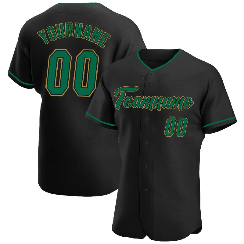 Custom Baseball Jerseys For Youth Competitions-Custom Black Kelly Green-Old Gold Authentic Baseball Jersey