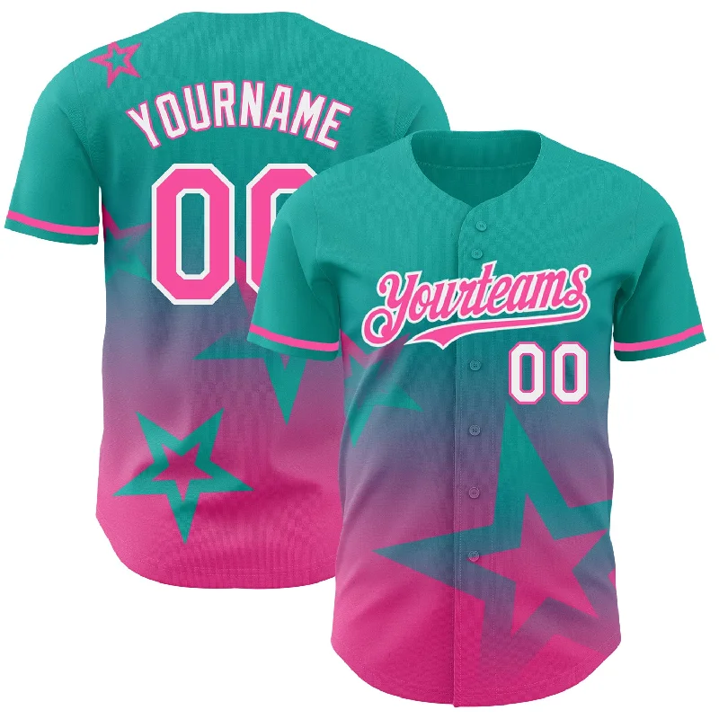 Personalized Baseball Jerseys-Custom Aqua Pink-White 3D Pattern Design Gradient Style Twinkle Star Authentic Baseball Jersey