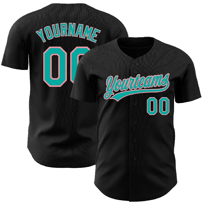 Custom Baseball Jerseys For Player Celebrations-Custom Black Aqua-Medium Pink Authentic Baseball Jersey