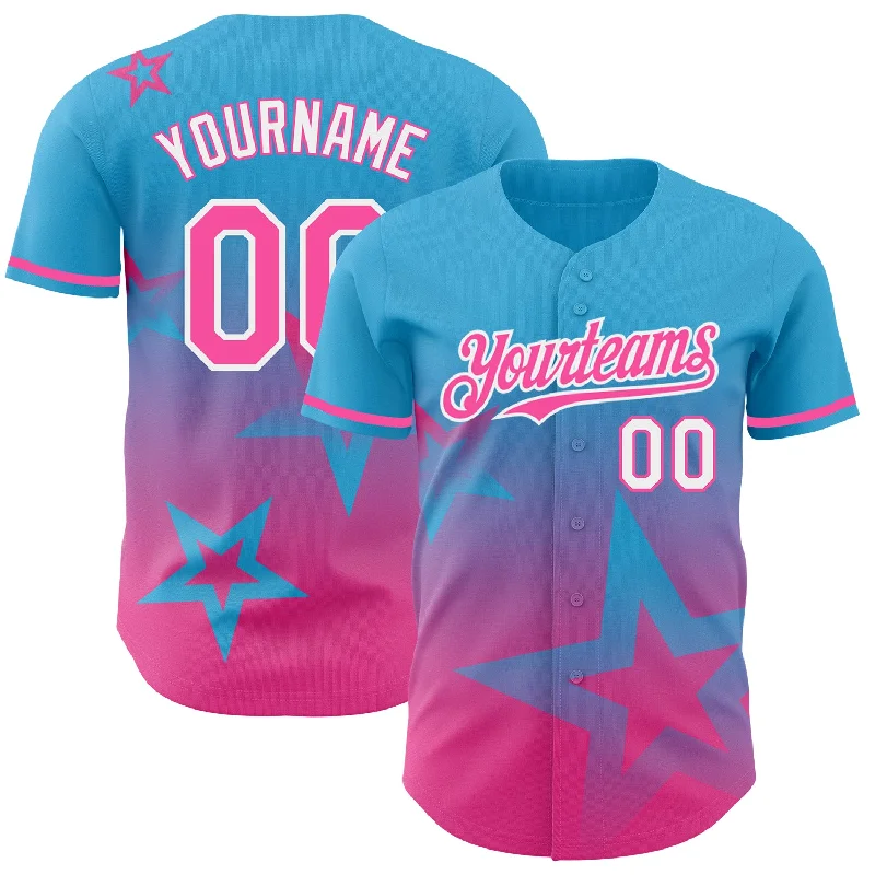 Personalized Baseball Jerseys For Special Gifts-Custom Sky Blue Pink-White 3D Pattern Design Gradient Style Twinkle Star Authentic Baseball Jersey