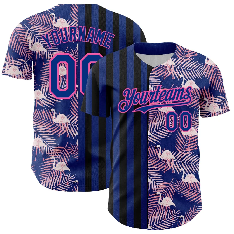 Personalized Baseball Jerseys For Family Teams-Custom Royal Pink-Black 3D Pattern Design Tropical Palm Leaves And Famingo Authentic Baseball Jersey