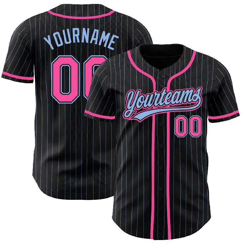 Personalized Baseball Jerseys For School Events-Custom Black Light Blue Pinstripe Pink Authentic Baseball Jersey