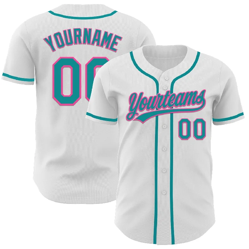 Personalized Baseball Jerseys For Family Teams-Custom White Teal-Pink Authentic Baseball Jersey