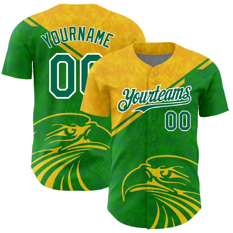 Custom Baseball Jerseys For Club Recognition-Custom Yellow Kelly Green-White 3D Pattern Design Animal Eagle Authentic Baseball Jersey