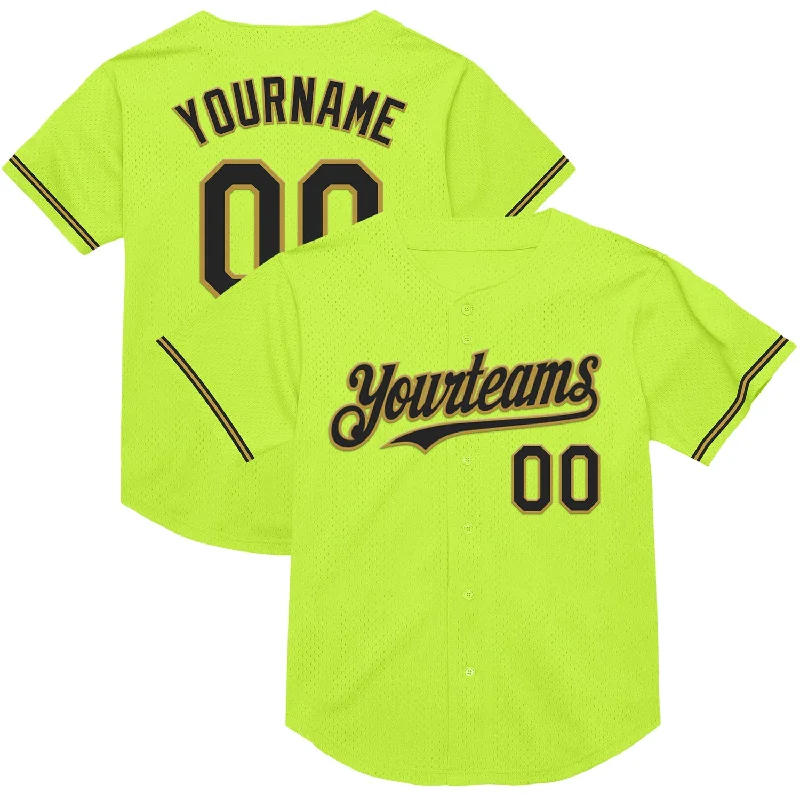 Baseball Jerseys For Tournaments & Competitions-Custom Neon Green Black-Old Gold Mesh Authentic Throwback Baseball Jersey