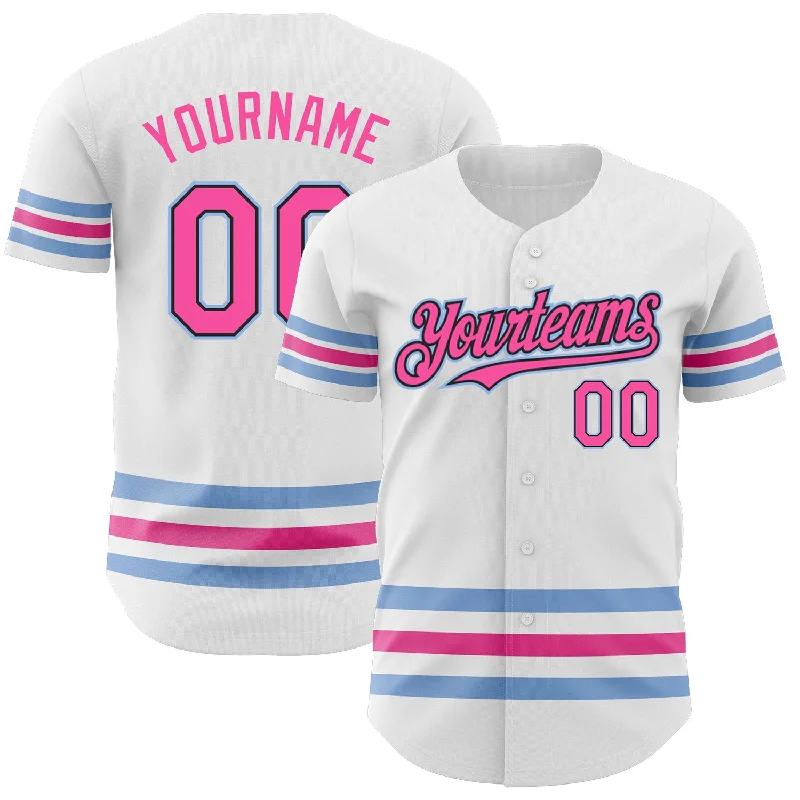 Custom Baseball Jerseys With Player Stats-Custom White Pink Black-Light Blue Line Authentic Baseball Jersey