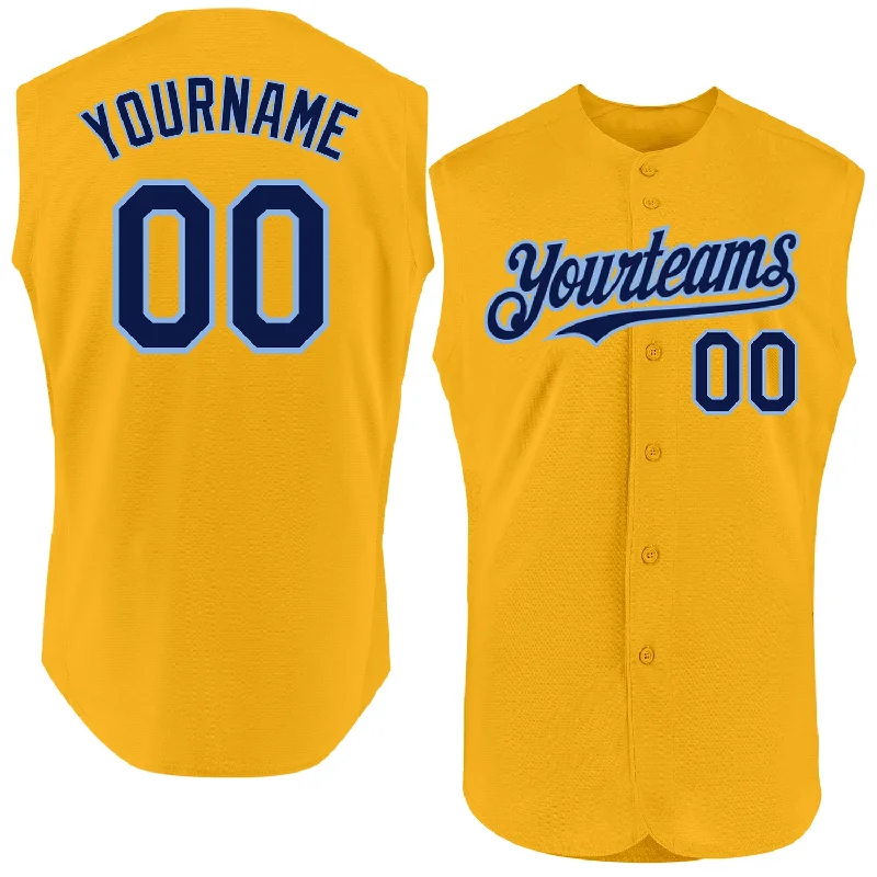 Custom Baseball Jerseys With Custom Fit-Custom Gold Navy-Light Blue Authentic Sleeveless Baseball Jersey