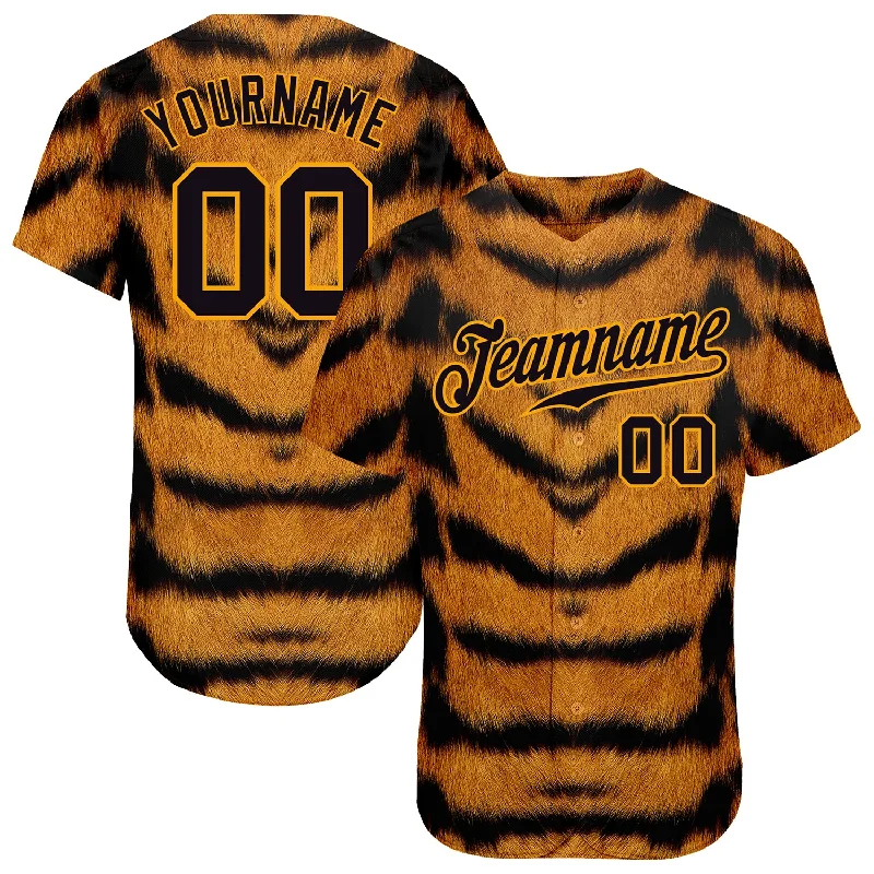 Baseball Jerseys For Fundraising Campaigns-Custom Brown Black-Gold 3D Pattern Design Tiger Authentic Baseball Jersey