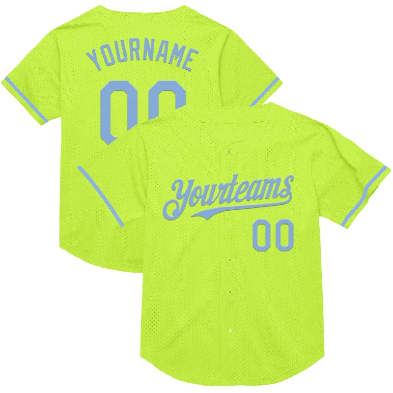 Custom Baseball Jerseys With Bold Graphics-Custom Neon Green Light Blue Mesh Authentic Throwback Baseball Jersey