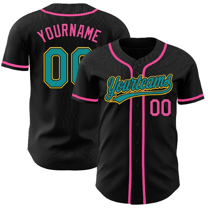 Baseball Jerseys For Corporate Team Activities-Custom Black Teal Yellow-Pink Authentic Baseball Jersey