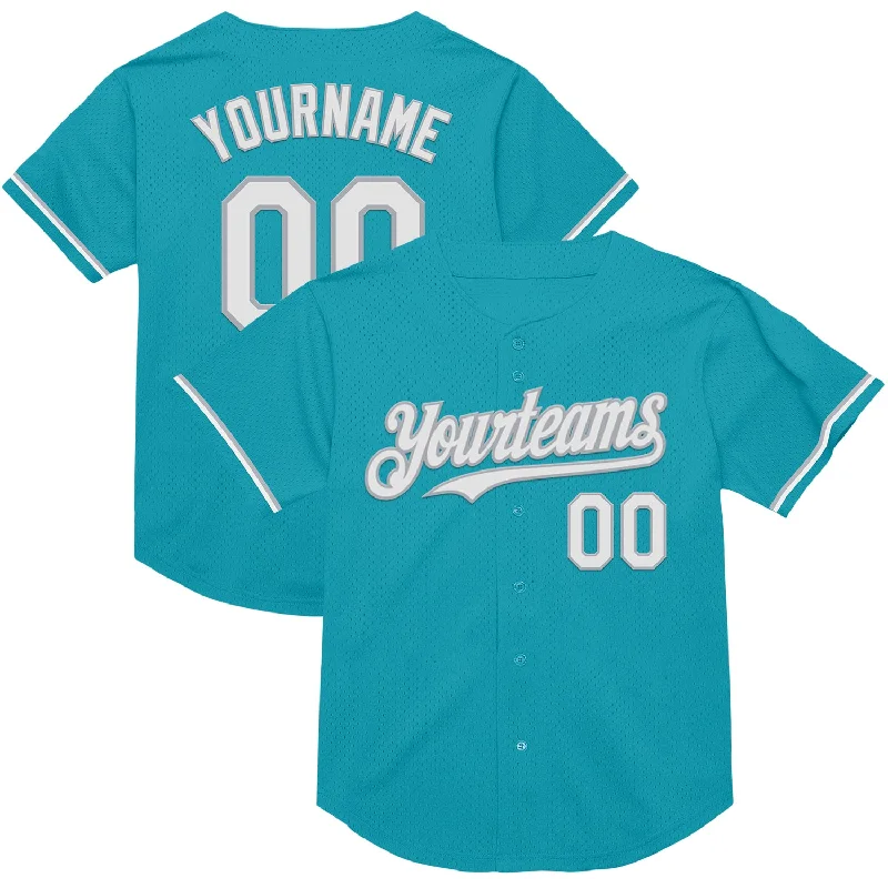 Custom Baseball Jerseys For Fan Engagement-Custom Teal White-Gray Mesh Authentic Throwback Baseball Jersey