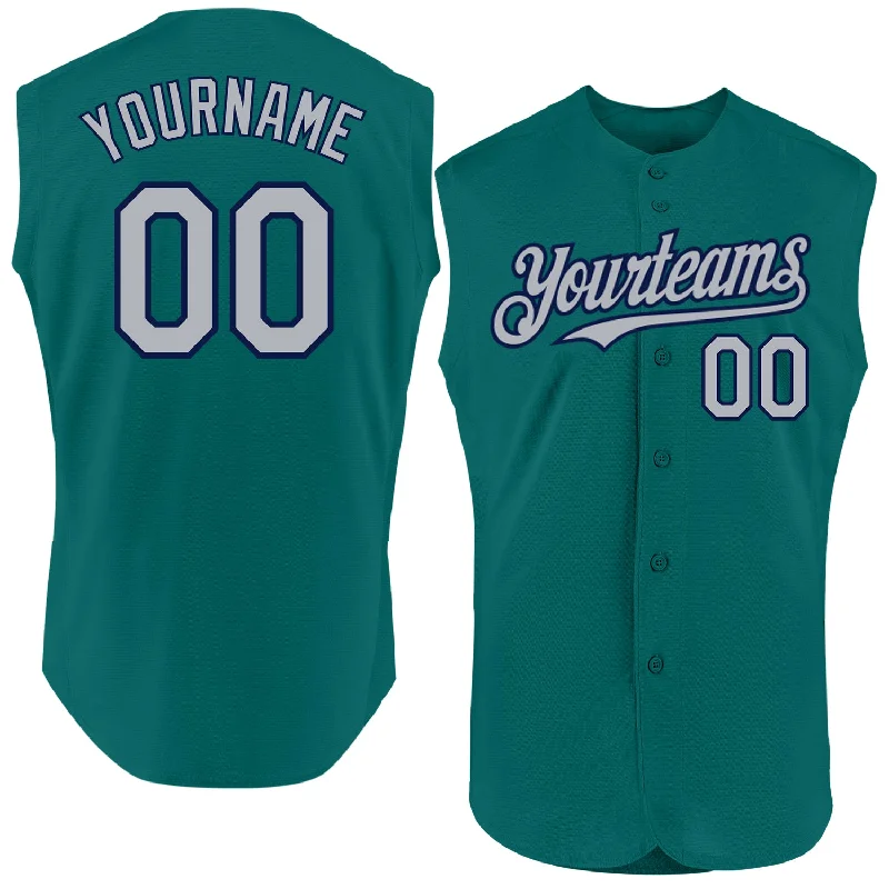 Baseball Jerseys With Custom Names-Custom Teal Gray-Navy Authentic Sleeveless Baseball Jersey