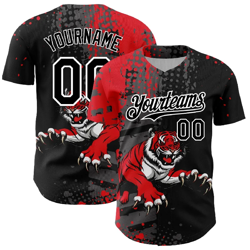 Personalized Baseball Jerseys For Schools-Custom Black Red-White 3D Pattern Design Animal Tiger Authentic Baseball Jersey