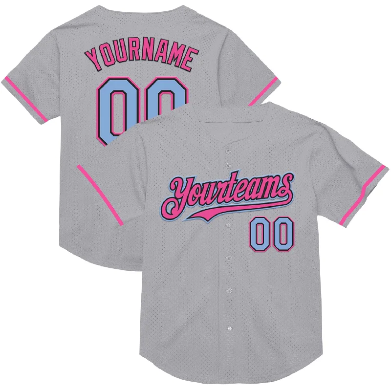 Custom Baseball Jerseys For Holiday Gifts-Custom Gray Light Blue Black-Pink Mesh Authentic Throwback Baseball Jersey