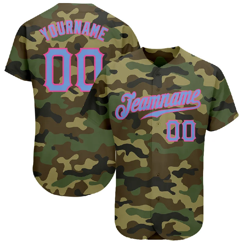 Personalized Baseball Jerseys For Birthday Gifts-Custom Camo Light Blue-Pink Authentic Salute To Service Baseball Jersey