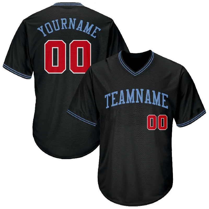 Custom Baseball Jerseys For Social Gatherings-Custom Black Red-Light Blue Authentic Throwback Rib-Knit Baseball Jersey Shirt