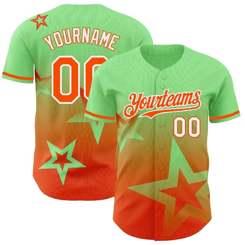 Custom Baseball Jerseys For Club Competitions-Custom Pea Green Orange-White 3D Pattern Design Gradient Style Twinkle Star Authentic Baseball Jersey