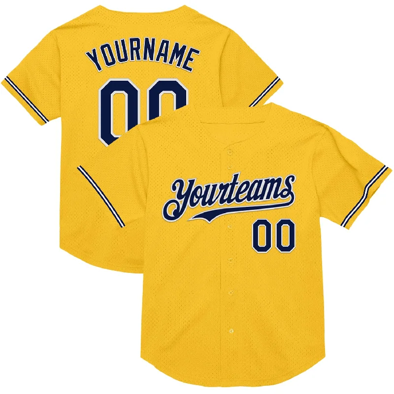 Personalized Baseball Jerseys For Special Guests-Custom Gold Navy-White Mesh Authentic Throwback Baseball Jersey